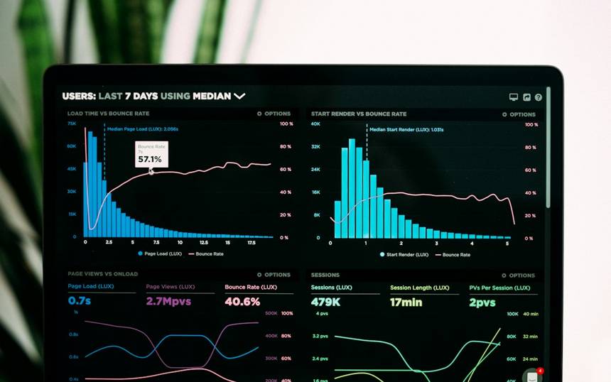 Tablero de analítica de datos en una laptop